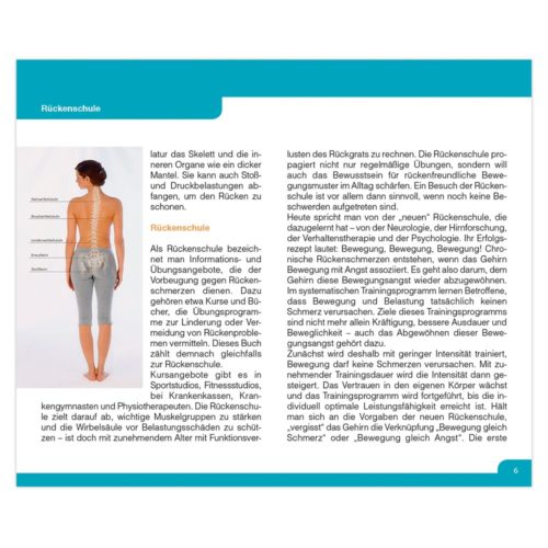 Übungsanleitung zur Rückenpflege mit anatomischen Abbildungen und deutschem Text auf weißem Hintergrund.
