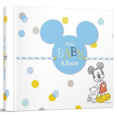 Baby-Fotoalbum mit Mickey-Mouse-Illustration und Tupfendesign.