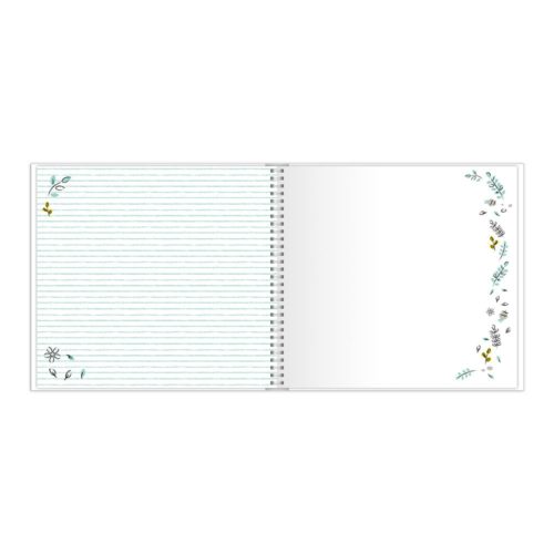 Offenes Spiralnotizbuch mit linierten und leeren Seiten, verziert mit kleinen Blumenillustrationen an den Rändern.