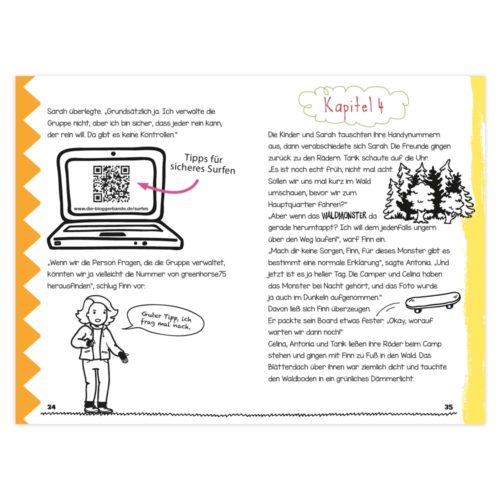 Bildbandseiten mit Comicfiguren, Text, einem QR-Code und einer Baumskizze auf der rechten Seite.