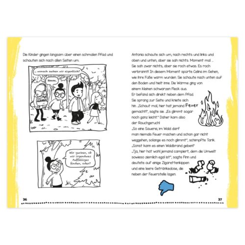 Comic von Kindern, die im Wald spazieren gehen und mit einer Feuerillustration über Wärme und Brandschutz diskutieren.