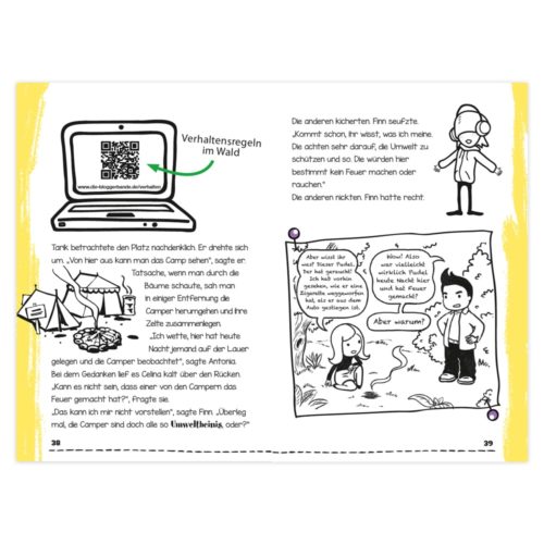 Comic mit Figuren, die Verhaltensregeln im Wald diskutieren, und einem QR-Code für weitere Informationen.