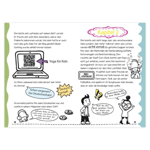 Comic-Seite mit Kindern, Sprechblasen und einem QR-Code auf einem Laptop. Überschrift: „Kapitel 2“.