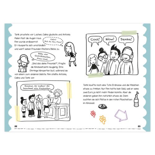 Seite im Comic-Stil mit sprechenden und lachenden Figuren, einer Café-Szene und einem Shopping-Moment, mit deutschem Text.