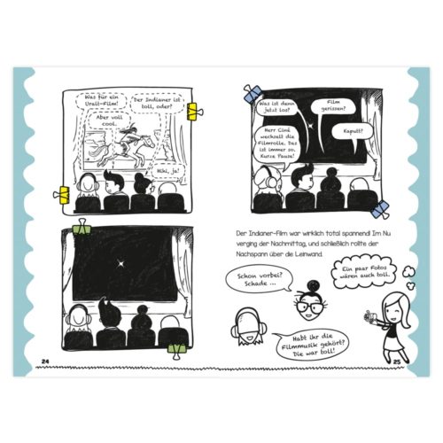 Comic-Strip von Leuten, die einen Film ansehen, mit Sprechblasen, die in verschiedenen Bildern den Film und die Figuren besprechen.