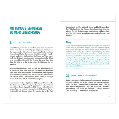 Offenes Buch mit Text und Übung zum Thema Achtsamkeit und Freude auf Deutsch. Die Seiten sind nummeriert: 8 und 9.