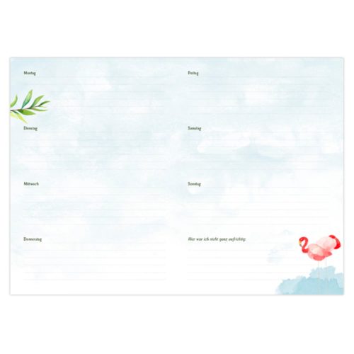 Wochenplaner mit pastellfarbenen Wolken, einem Flamingo und einem grünen Zweig. Die Wochentage sind auf Deutsch geschrieben.