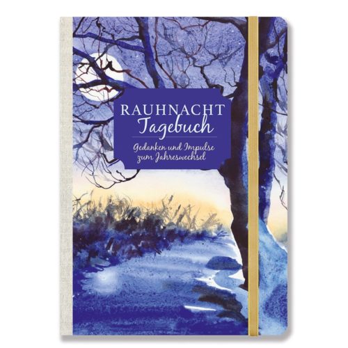 Notizbuch mit einer blauen Winterlandschaft und Bäumen auf dem Einband, betitelt „Rauhnacht Tagebuch“.