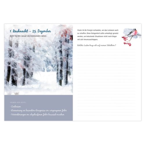 Offenes Tagebuch mit verschneiter Waldillustration und einem Vogel auf einem Ast, deutscher Text links und linierter Abschnitt rechts.