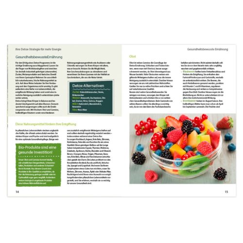 Aufgeschlagenes Magazin mit Text zu gesunder Ernährung und einer Schüssel buntem Obstsalat auf der rechten Seite.