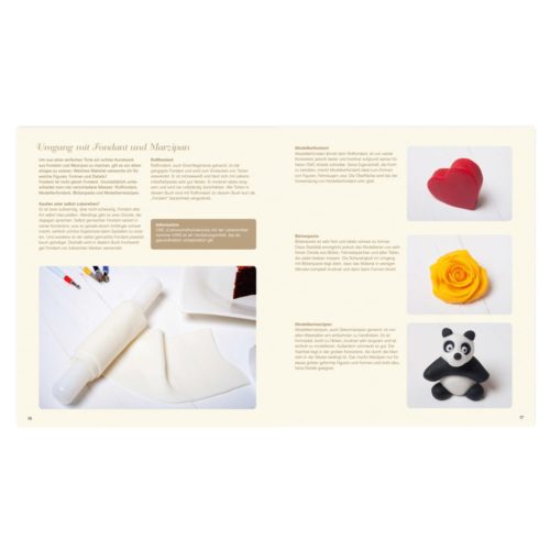 Offenes Buch mit Anleitungen und Bildern von Fondant- und Marzipandekorationen, darunter eine Rose, ein Herz und ein Panda.