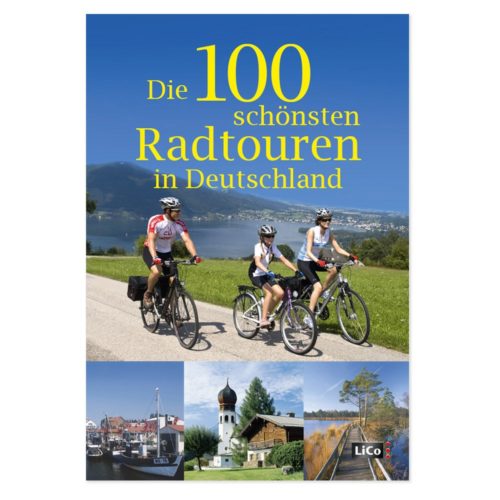 Radfahrer auf einer malerischen Seeuferroute, Bilder deutscher Landschaften, Text: „Die 100 schönsten Radtouren in Deutschland“.