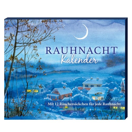 Winterlandschaft mit verschneitem Dorf, Halbmond und Text „Rauhnacht Kalender“ auf blau getöntem Kalendercover.