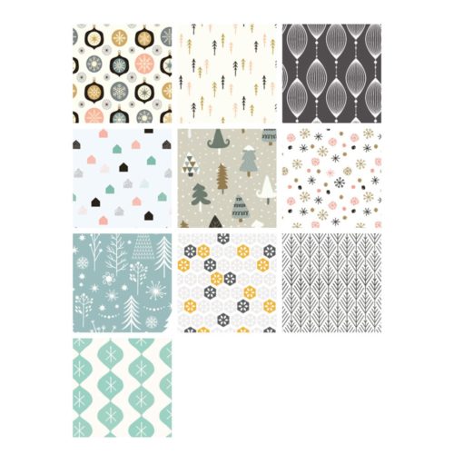 Collage aus neun gemusterten Quadraten mit Bäumen, Blättern, Schneeflocken und geometrischen Formen in sanften, gedeckten Farben.