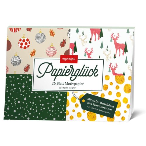 Packung gemustertes Papier mit weihnachtlichen Motiven, unter anderem mit Ornamenten und Rentieren, mit der Aufschrift „Papierglück“.