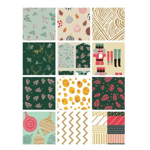 Collage aus verschiedenen festlichen Mustern: Blumen, geometrische Formen, Weihnachtsmotive und abstrakte Designs.