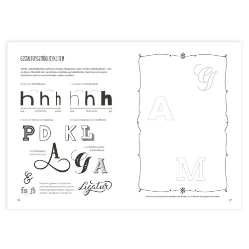 Seite mit verschiedenen Buchstabendesigns, Monogramminitialen und typografischen Elementen mit dekorativen Rändern.