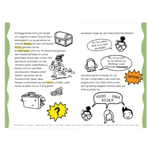 Panel im Comic-Stil mit Text und Illustrationen von Freunden auf Schatzsuche, inklusive Humor und Missgeschicken.