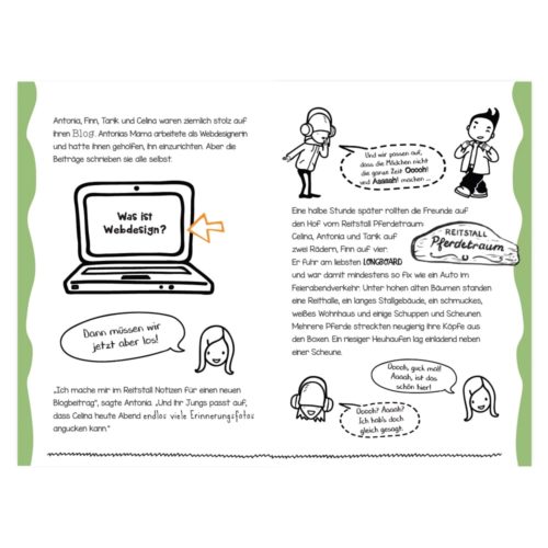 Grafik im Cartoon-Stil mit einem Laptop und Kindern, die über Webdesign, einen Reitstall und zukünftige Ausflüge diskutieren.