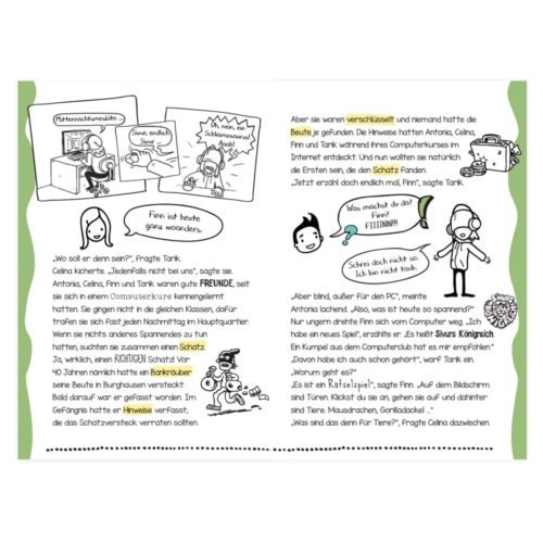 Comicstrip mit Figuren, die Pläne und eine Schatzsuche besprechen. Der Dialog ist auf Deutsch und die Illustrationen sind verspielt.