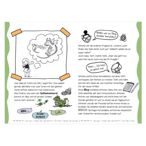 Seite im Comic-Stil mit Figuren, Sprechblasen und deutschem Text, die ein Spiel mit Schleimmonstern und das Bloggen besprechen.