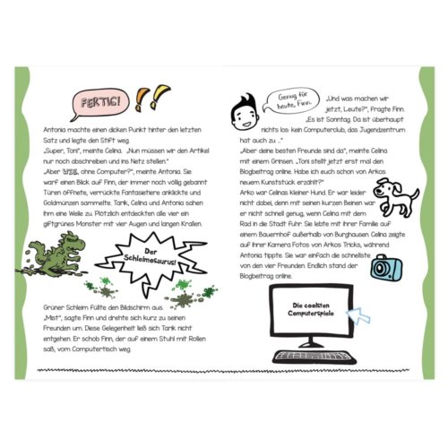 Comic mit deutschem Text und Illustrationen eines Schlammmonsters, eines Computers und sprechender Menschen.