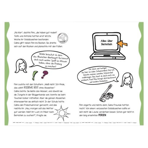 Zeichnung im Comic-Stil mit einem Laptop, Personen und Textblasen, die über Amber und ein Schulprojekt diskutieren.