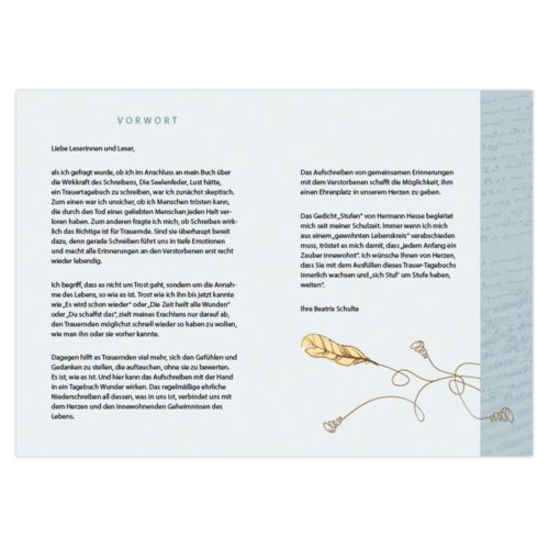 Vorwort des Buches in deutscher Sprache mit dekorativer Goldfeder und ausführlichem Text zu den Themen Träume und Erinnerungen.