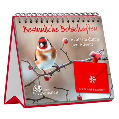 Adventskalender mit einem Vogel auf einem Ast, rotem Text und einem kleinen roten Umschlag auf dem Cover.