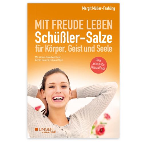 Cover des Buchs „Mit Freude leben“ mit einer lächelnden Frau vor orangefarbenem Hintergrund.