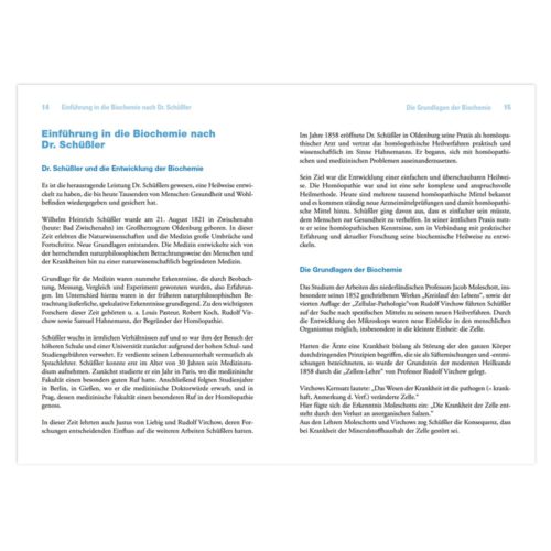 Eine Buchseite mit deutschem Text über Dr. Schüßler und die Grundlagen der Biochemie.