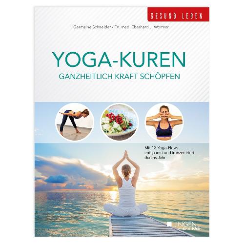 Cover eines Yoga-Buchs mit Abbildungen der Posen, malerischem Meerblick und Text auf Deutsch.