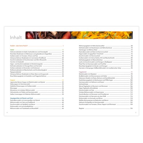 Inhaltsverzeichnis mit einer Liste von Kochrezepten und Seitenzahlen auf weißem Hintergrund.