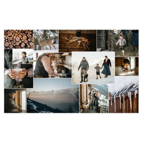 Eine Collage des Familienlebens in einer verschneiten Berglandschaft mit Wildtieren, Hütten und gemütlichen Innenszenen.