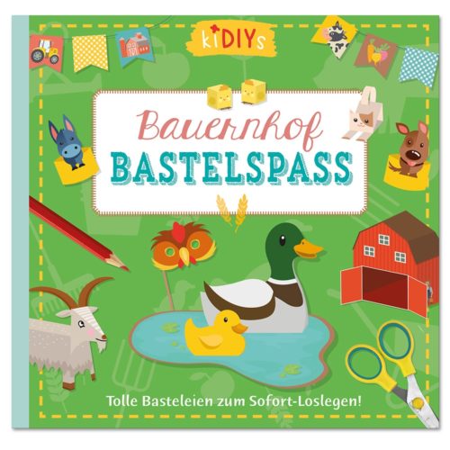 Farbenfroher Umschlag für ein Kinderbastelbuch mit Bauernhoftieren, einem Teich, einer Scheune, Scheren und Bastelbedarf.