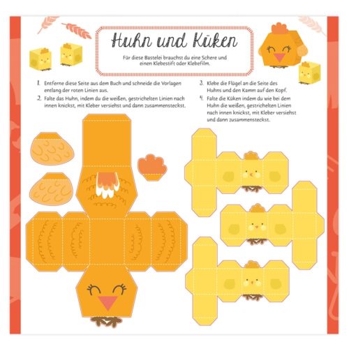 Anleitung zum Basteln von deutschen Hühnern und Küken aus Papier mit faltbaren Teilen und gepunkteten Linien.