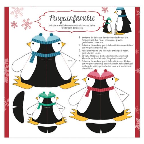 Bastelbogen mit einer Pinguinfamilie als Vorlage und Wintermützen zur Dekoration. Anleitung in Deutsch.