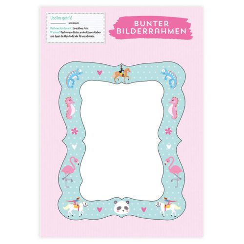 Farbenfroher Bilderrahmen mit Tieren auf pastellrosa Hintergrund, blauer Rand mit Seepferdchen und Flamingos.
