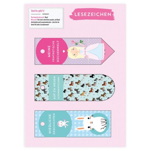 Blatt mit drei farbenfrohen Lesezeichen-Motiven mit Illustrationen und Text in Deutsch.