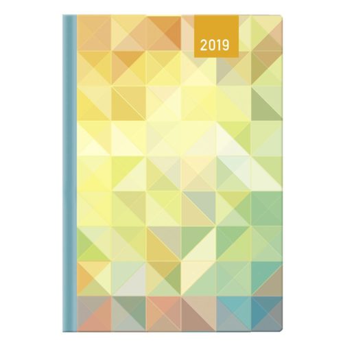 Planer für 2019 mit geometrischem Muster und einem Farbverlauf in Gelb, Grün und Orange auf dem Einband.