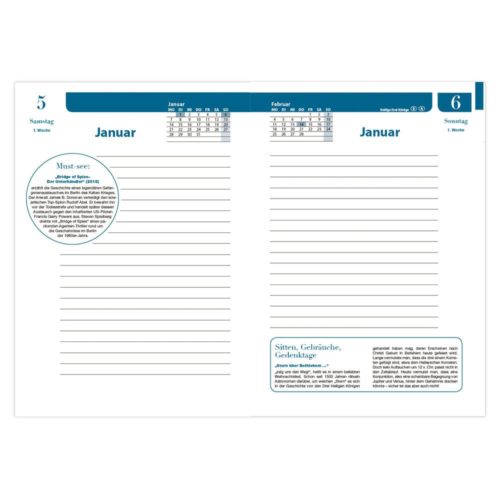 Offener Planer mit linierten Seiten für Januar mit deutschem Text und einem Kalender oben.