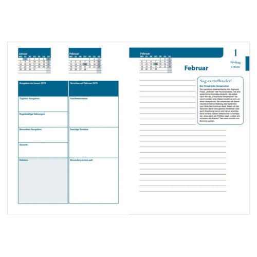 Offener Planer mit Kalender, linierter Seite mit Textfeld und Abschnitten für tägliche Notizen und Ausgaben in Deutsch.