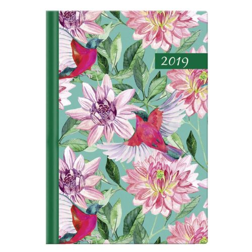 Planer 2019 mit rosa Blumen und roten Vögeln auf grünem Hintergrund.
