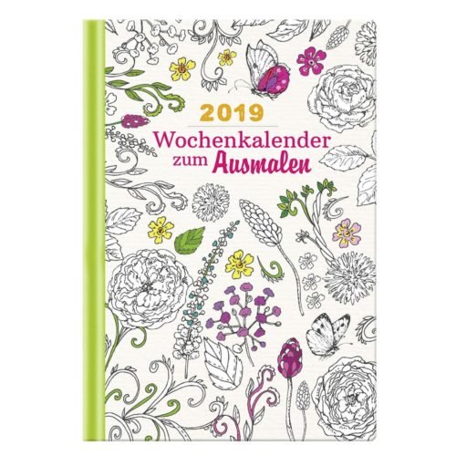 Malkalendercover mit floralen Mustern, „2019 Wochenkalender zum Ausmalen“ in buntem Text.