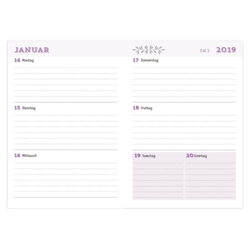 Wochenplaner für Januar 2019 in deutscher Sprache, mit den Tagen vom 14. bis 20. und linierten Abschnitten für Notizen.