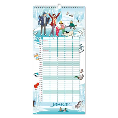 Illustriertes Kalenderblatt für Januar mit einer winterlichen Familienszene mit schneebedeckten Bäumen.