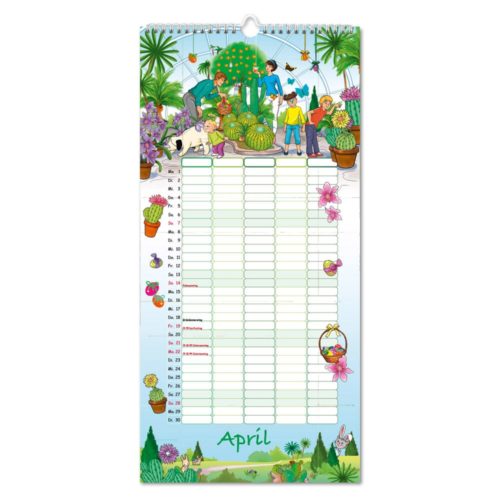 Illustrierter April-Kalender mit Pflanzen, Blumen und gärtnernden Menschen in leuchtenden Farben.