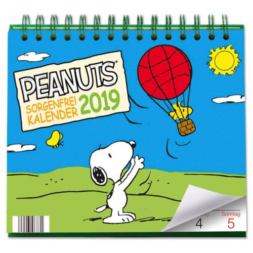 Farbenfroher Peanuts-Kalender 2019 mit Snoopy und einem roten Heißluftballon auf dem Cover.