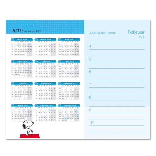 Kalender 2019 mit Snoopy-Grafik, links