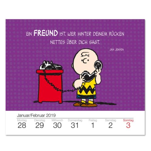 Zeichentrickfigur am Telefon mit Text über Freundschaft auf violettem Hintergrund. Kalenderseite unten für Anfang 2019.